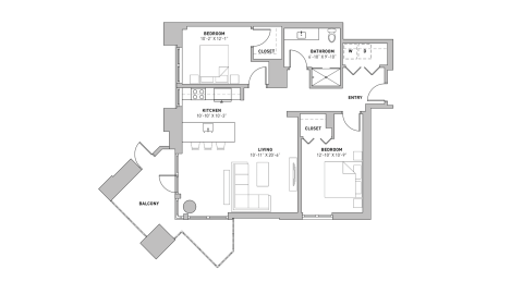ULI The Pressman 312 - Two Bedroom, One Bathroom Floor Plan 