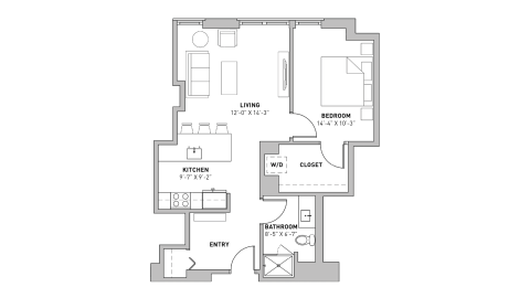 ULI The Pressman 405 - One Bedroom, One Bathroom Floor Plan 
