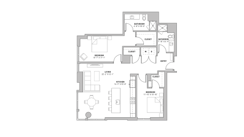 ULI The Pressman 412 - Two Bedroom, Two Bathroom Floor Plan 