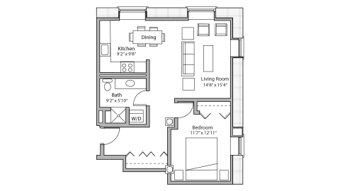 ULI Tobacco Lofts E101 - One Bedroom, One Bathroom Floor Plan 