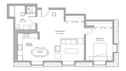 ULI Tobacco Lofts E102 - One Bedroom, One Bathroom Floor Plan 