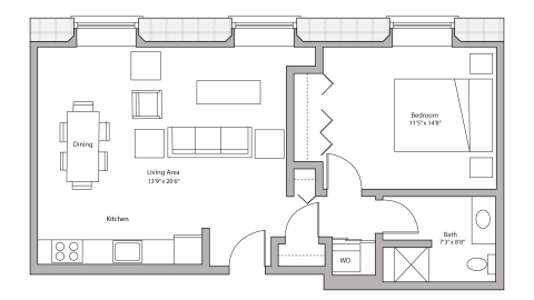 ULI Tobacco Lofts E103 - One Bedroom, One Bathroom Floor Plan 