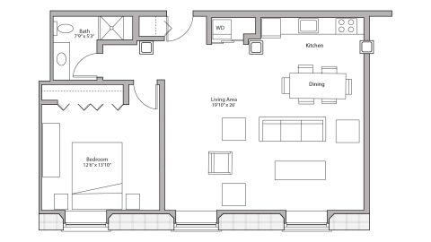 ULI Tobacco Lofts E104 - One Bedroom, One Bathroom Floor Plan 