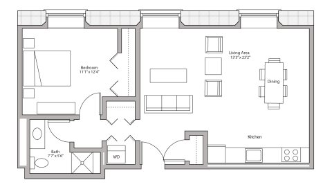 ULI Tobacco Lofts E105 - One Bedroom, ONE Bathroom Floor Plan 