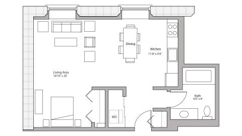ULI Tobacco Lofts E107 - Studio, One Bathroom Floor Plan 