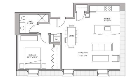ULI Tobacco Lofts E108 - One Bedroom, One Bathroom Floor Plan 