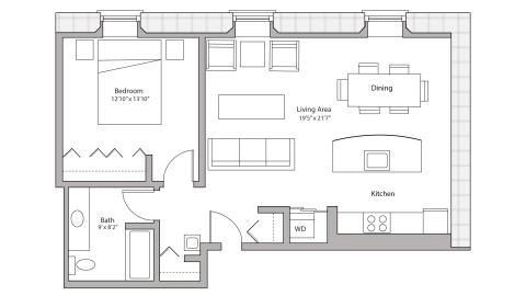 ULI Tobacco Lofts E109 - One Bedroom, One Bathroom Floor Plan 