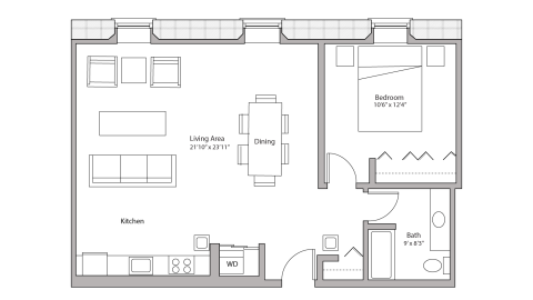 ULI Tobacco Lofts E111 - One Bedroom, One Bathroom Floor Plan 