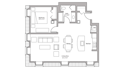 ULI Tobacco Lofts E112 - One Bedroom, One Bathroom Floor Plan 