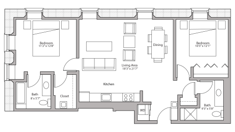 ULI Tobacco Lofts E113 - Two Bedroom, One Bathroom Floor Plan 
