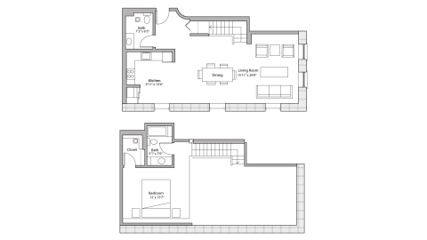 ULI Tobacco Lofts E202 - Two Bedroom, One and a Half Bathroom Floor Plan 