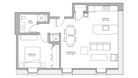 ULI Tobacco Lofts E208 - One Bedroom, One Bathroom Floor Plan 