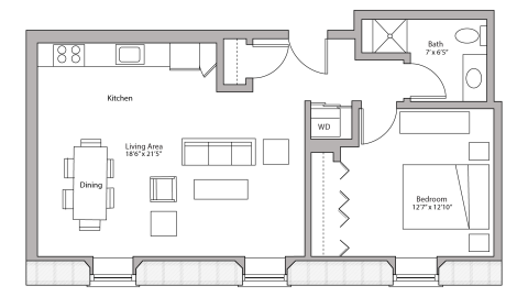 ULI Tobacco Lofts E210 - One Bedroom, One Bathroom Floor Plan 