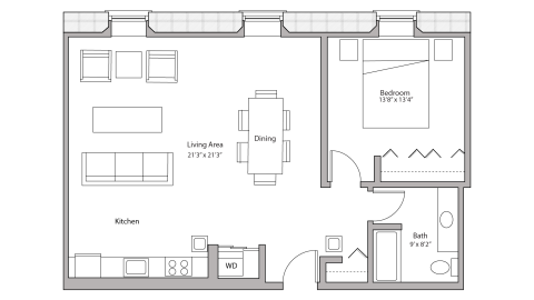 ULI Tobacco Lofts E211 - One Bedroom, One Bathroom Floor Plan 