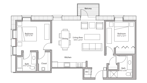 ULI Tobacco Lofts E213 - Two Bedroom, Two Bathroom Floor Plan 