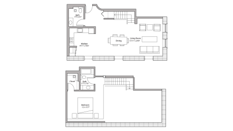 ULI Tobacco Lofts E302 - One Bedroom, One and a Half Bathroom Floor Plan 