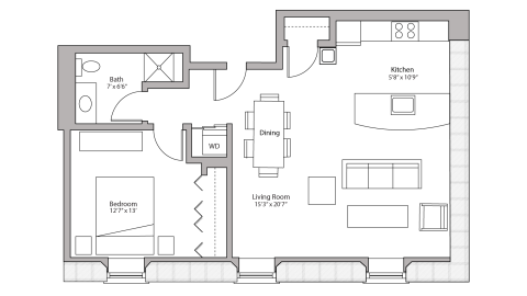 ULI Tobacco Lofts E308 - One Bedroom, One Bathroom Floor Plan 