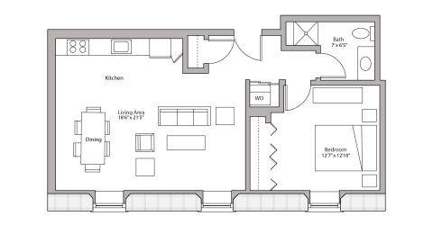 ULI Tobacco Lofts E310 - One Bedroom, One Bathroom Floor Plan 