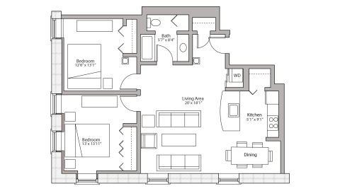 ULI Tobacco Lofts E312 - Two Bedroom, Two Bathroom Floor Plan 