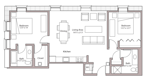 ULI Tobacco Lofts E313 - Two Bedroom, Two Bathroom Floor Plan 