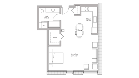 ULI Tobacco Lofts W206 - Studio, One Bathroom Floor Plan 