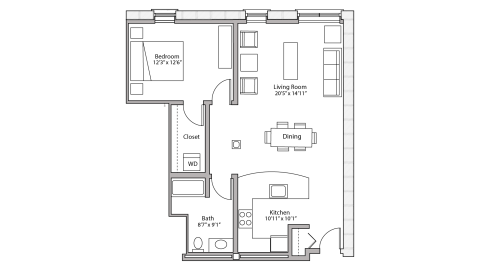 ULI Tobacco Lofts W209 - One Bedroom, One Bathroom Floor Plan 