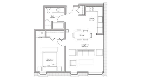 ULI Tobacco Lofts W210 - One Bedroom, One Bathroom Floor Plan 