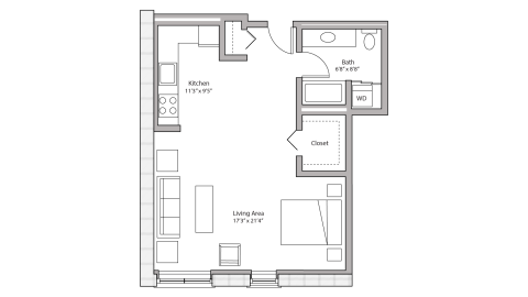 ULI Tobacco Lofts W212 - Studio, One Bathroom Floor Plan 
