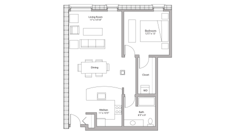 ULI Tobacco Lofts W215 - One Bedroom, One Bathroom Floor Plan 