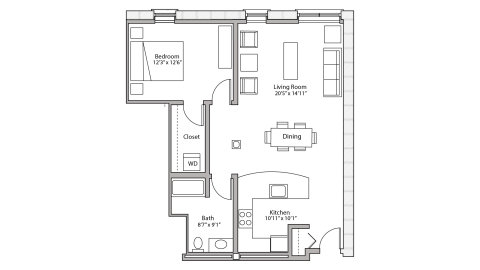 ULI Tobacco Lofts W217 - One Bedroom, One Bathroom Floor Plan 