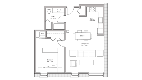 ULI Tobacco Lofts W218 - One Bedroom, One Bathroom Floor Plan 