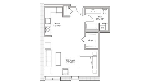 ULI Tobacco Lofts W220 - Studio, One Bathroom Floor Plan 