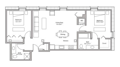 ULI Tobacco Lofts W223 - Two Bedroom, Two Bathroom Floor Plan 