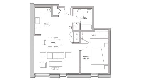 ULI Tobacco Lofts W204 - One Bedroom, One Bathroom Floor Plan 