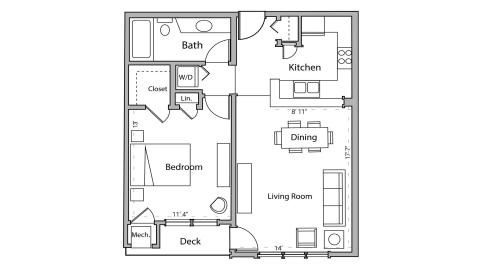 ULI Wilson Bay 205 - One Bedroom, One Bathroom Floor Plan 