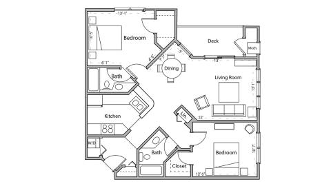 ULI Wilson Bay 102 - Two Bedroom, Two Bathroom Floor Plan 