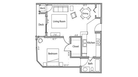 ULI Wilson Bay 203 - One Bedroom, One Bathroom Floor Plan 