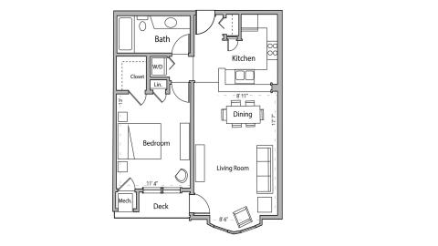 ULI Wilson Bay 308 - One Bedroom, One Bathroom Floor Plan 
