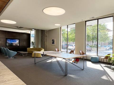 The Nine Line commons offers a space to relax, watch your favorite show, and play a competitive round of ping pong 