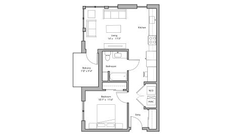 ULI The Penny 201 - 1 Bed, 1 Bath Floor Plan