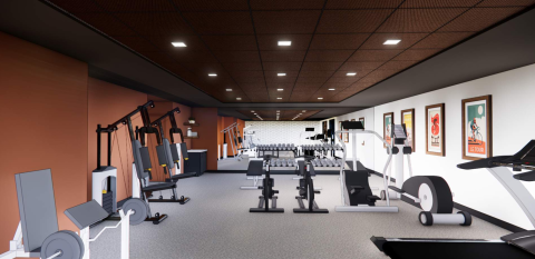Modern apartment gym at The Penny Apartments in downtown Madison