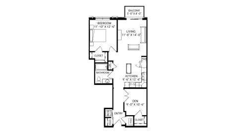 ULI The Irwin N218 - 1 Bed Den, 1 Bath Floor Plan